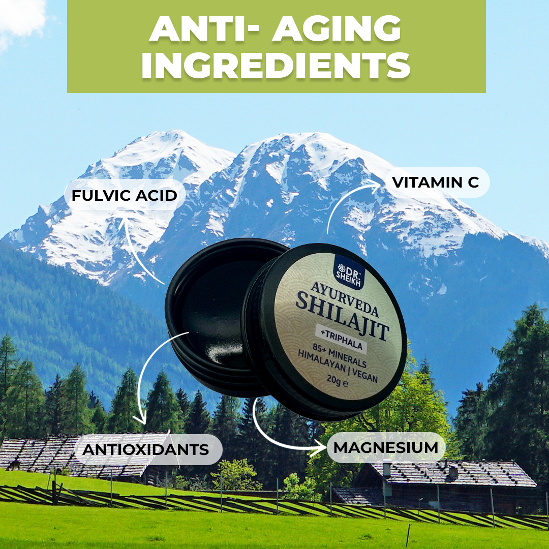 ingredients of DrSheikh’s Ayurvedic Anti-wrinkle & Anti-aging Himalayan Shilajit & Triphala for Naturally Youthful Skin and Radiant Complexion - 10 & 20g.