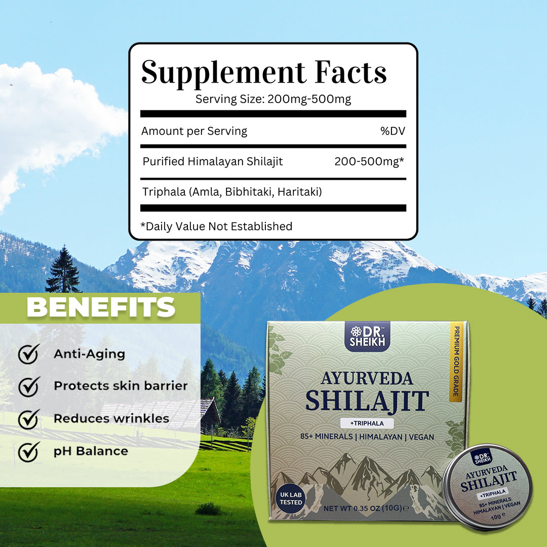 facts about DrSheikh’s Ayurvedic Anti-wrinkle & Anti-aging Himalayan Shilajit & Triphala for Naturally Youthful Skin and Radiant Complexion - 10 & 20g.