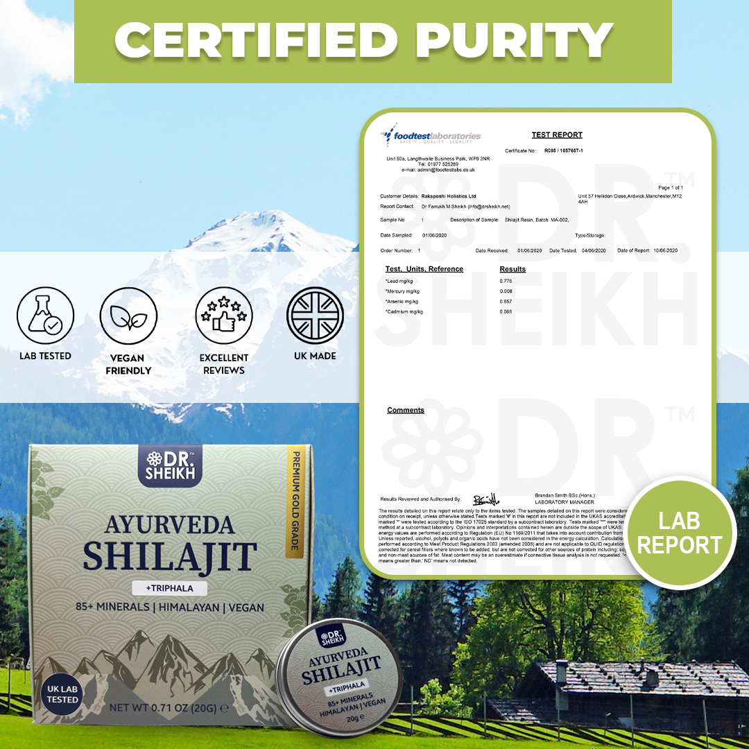 certificate purity of DrSheikh’s Ayurvedic Anti-wrinkle & Anti-aging Himalayan Shilajit & Triphala for Naturally Youthful Skin and Radiant Complexion - 10 & 20g.