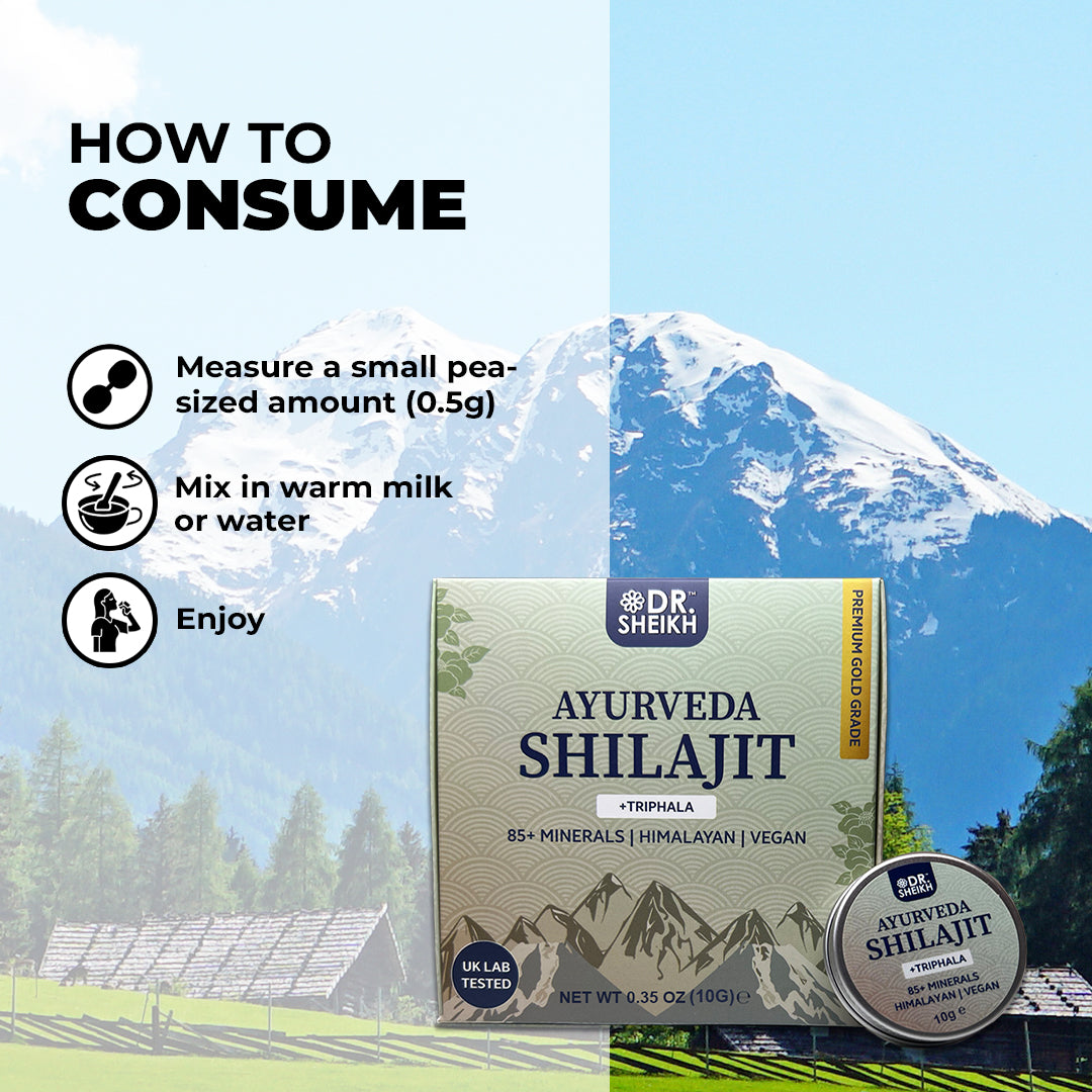 how to consume DrSheikh’s Ayurvedic Anti-wrinkle & Anti-aging Himalayan Shilajit & Triphala for Naturally Youthful Skin and Radiant Complexion - 10 & 20g.