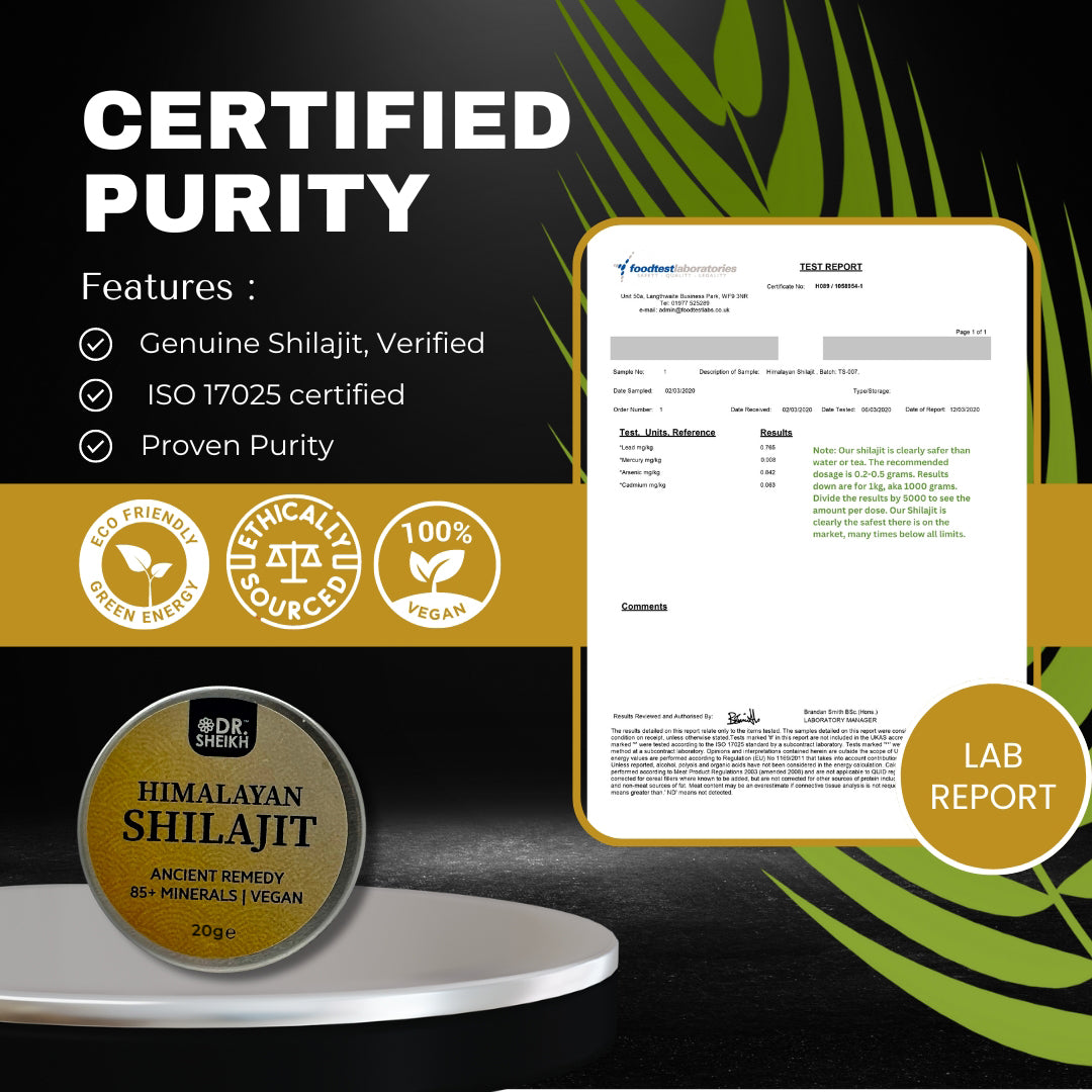 certificate purity of DrSheikh 100% Pure Himalayan Shilajit – Gold Grade, High Potency, 8g & 20g, UK Lab Tested