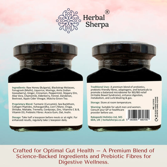 Herbal Sherpa Microbiome & Gut Health Supplement back of jar
