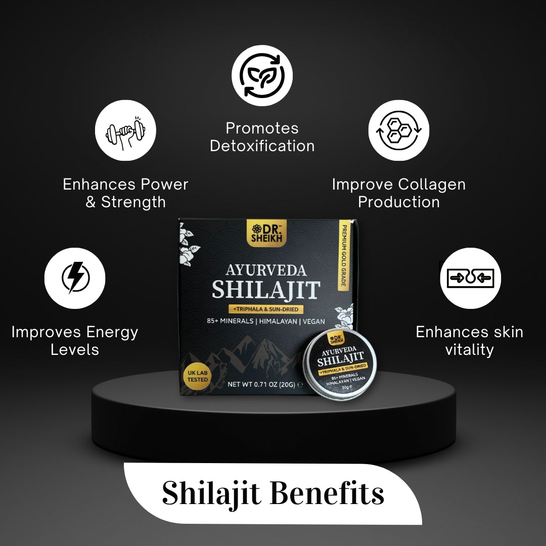 benefits of DrSheikh Sun-dried Gold Shilajit & Triphala – Anti-Aging & Radiant Skin, 20g (in two 10g containers).