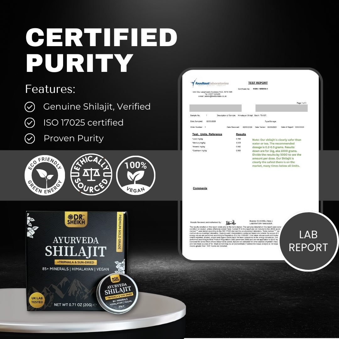 certificate purity DrSheikh Sun-dried Gold Shilajit & Triphala – Anti-Aging & Radiant Skin, 20g (in two 10g containers).