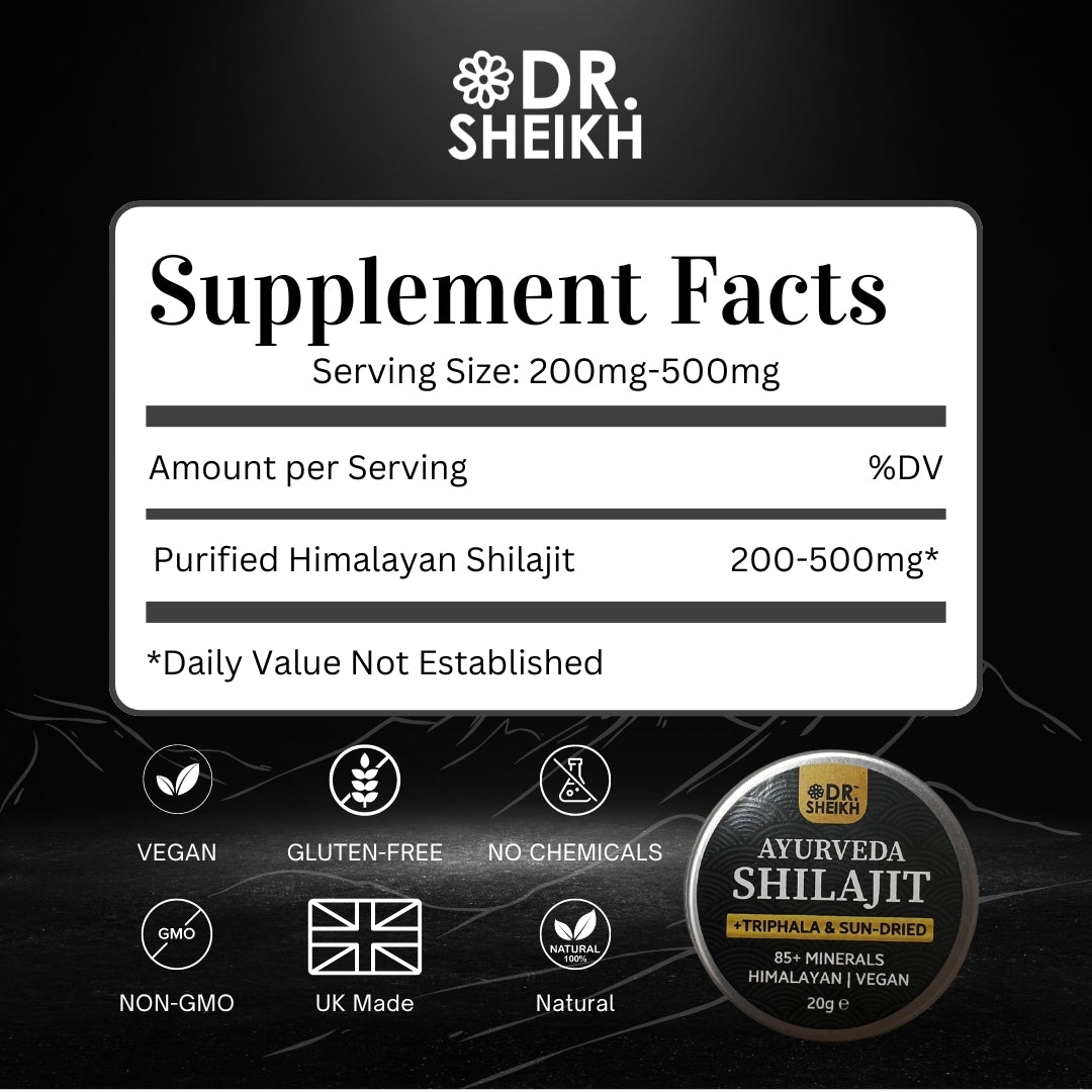 facts about DrSheikh Sun-dried Gold Shilajit & Triphala – Anti-Aging & Radiant Skin, 20g (in two 10g containers).