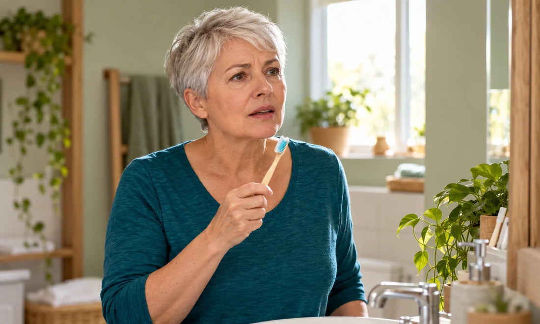Silver-haired woman in a teal top pausing with a toothbrush in a sunlit bathroom.