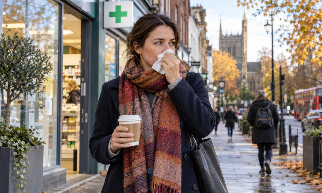 Illustrative autumn scene of a woman holding a tissue near a pharmacy on a British high street; not a confirmed COVID-19 case.