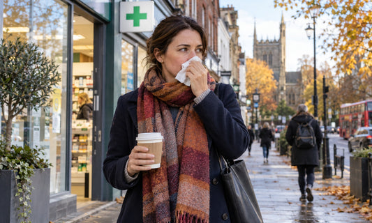 Illustrative autumn scene of a woman holding a tissue near a pharmacy on a British high street; not a confirmed COVID-19 case.