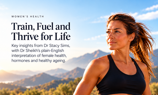 Woman in sportswear against a mountain backdrop. Text reads: Women's Health — Train, Fuel and Thrive for Life, with key insights from Dr Stacy Sims and Dr Sheikh's plain-English interpretation.