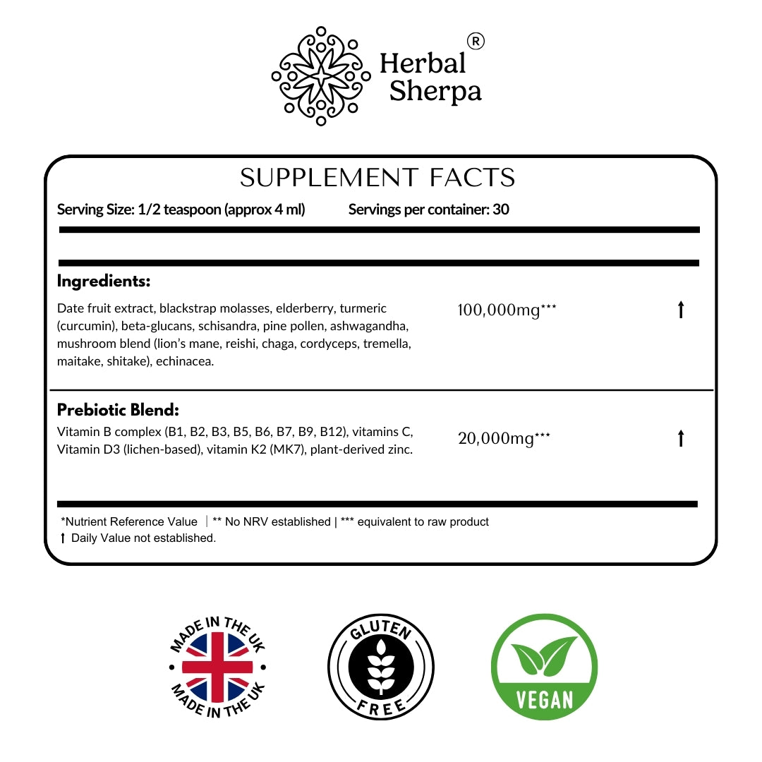 Immune Defence with Elderberry, Pine Pollen, Schisandra, Beta Glucans, Vegan 120ml