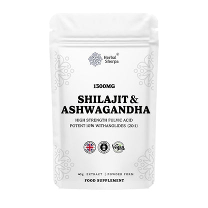 Shilajit + Ashwagandha Gold Standard Powder Extract. Add to Smoothies or Drinks for Energy & Performance. 60% Fulvic Acid , High Strength. 30 Servings.