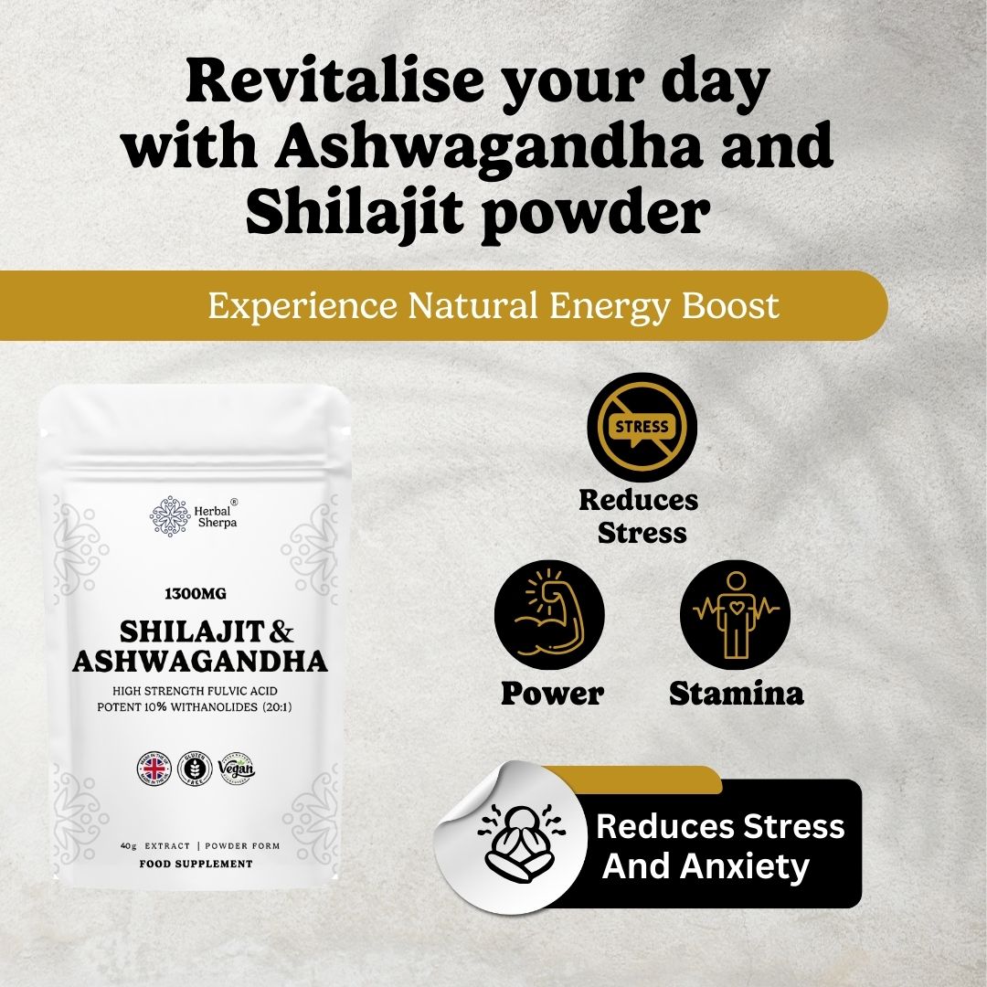 Shilajit + Ashwagandha Gold Standard Powder Extract. Add to Smoothies or Drinks for Energy & Performance. 60% Fulvic Acid , High Strength. 30 Servings.