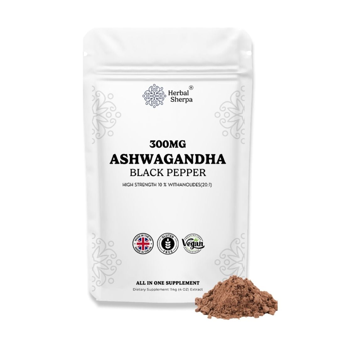 Organic Ashwagandha Extract Powder (High Strength) with Black Pepper for Smoothies and Shakes. UK Made | 3 Month Supply 30g