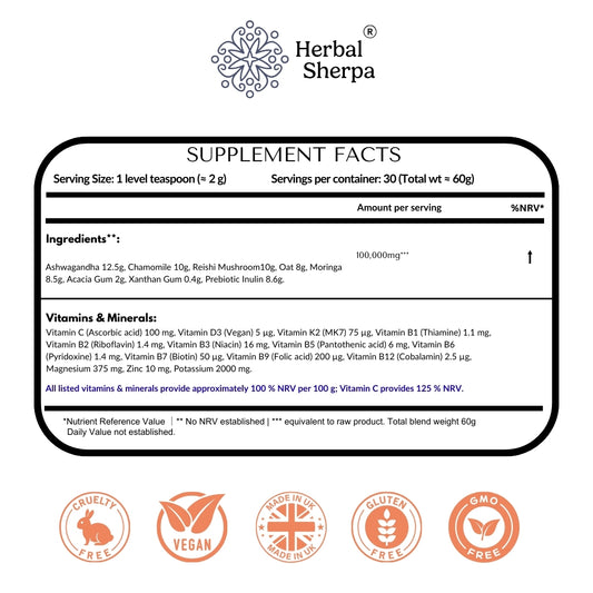 Supplement Facts panel for Herbal Sherpa Daytime Stress & Anxiety Relief — ashwagandha, chamomile, reishi mushroom, oat, moringa, prebiotic inulin, acacia gum, xanthan gum — 60g powder blend