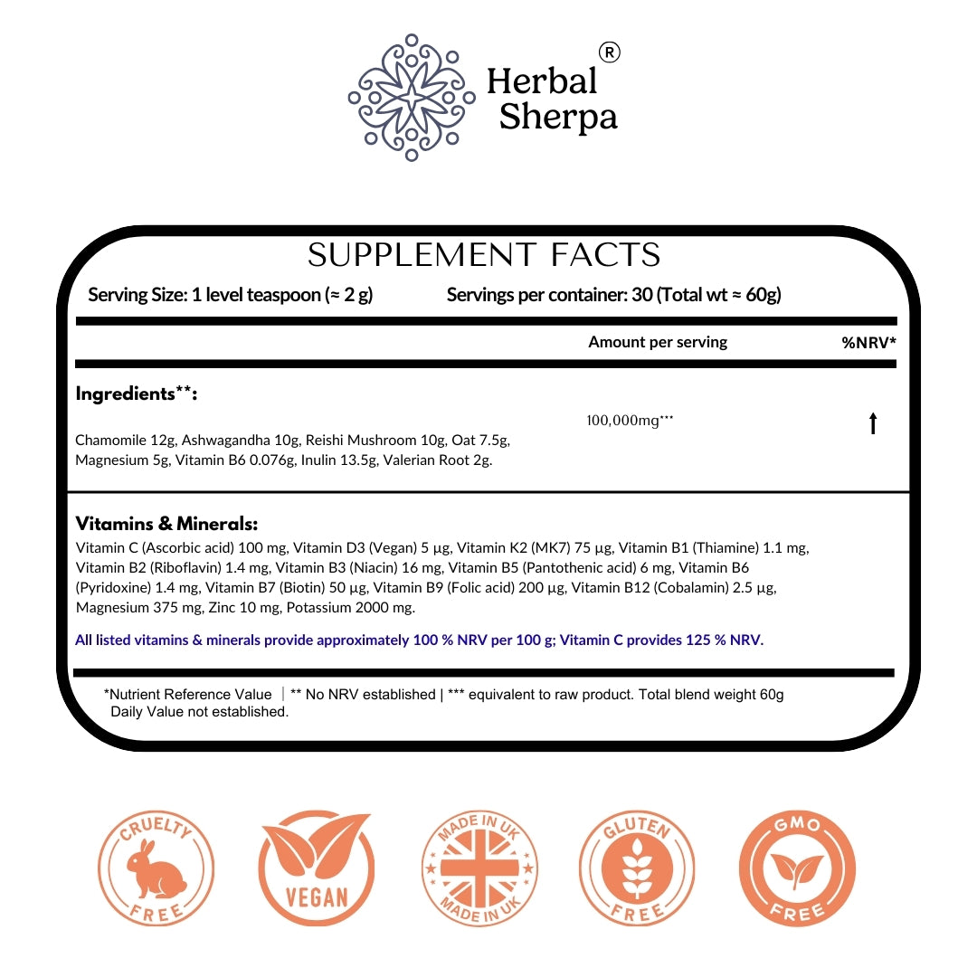 Supplement Facts panel for Herbal Sherpa Deep Sleep & Relaxation — chamomile, valerian root, ashwagandha, reishi, magnesium, inulin — 60g powder blend