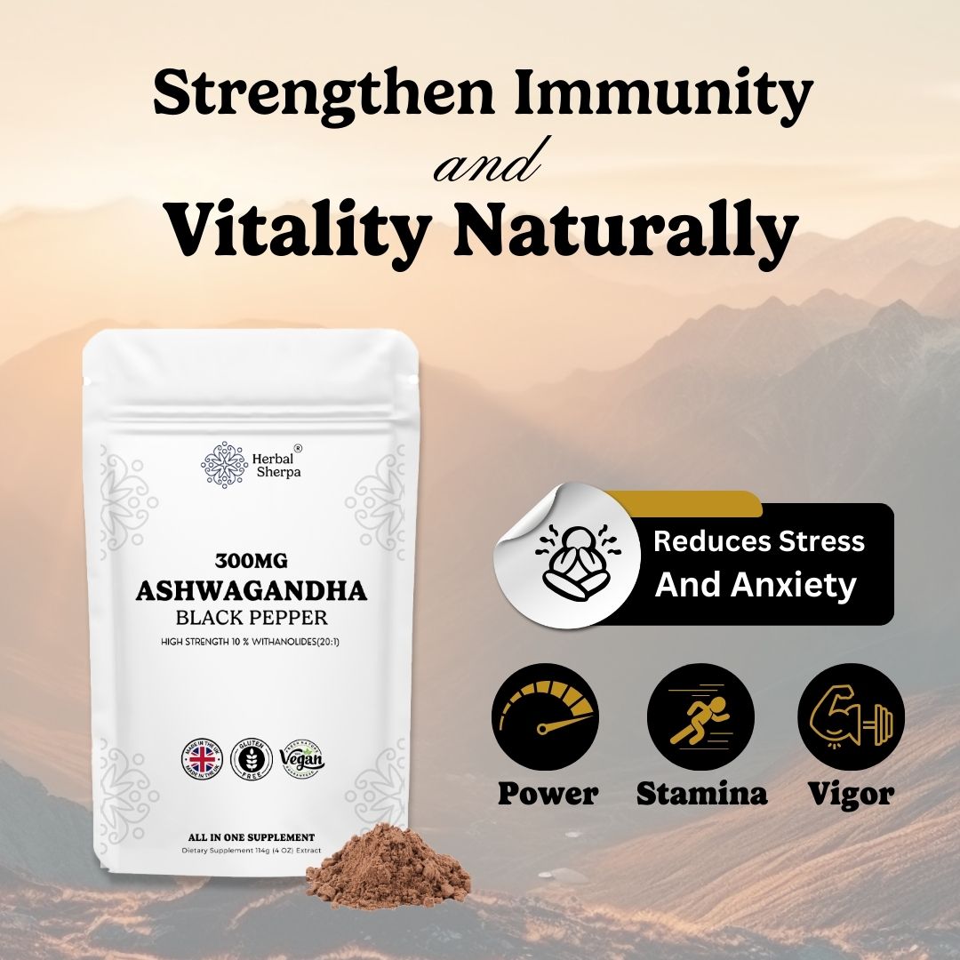 Organic Ashwagandha Extract Powder (High Strength) with Black Pepper for Smoothies and Shakes. UK Made | 3 Month Supply 30g