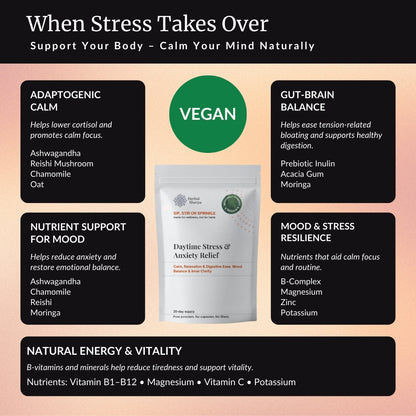 Herbal Sherpa Vegan Daytime Stress & Anxiety Relief — adaptogenic calm, gut-brain balance, nutrient support for mood, mood & stress resilience — key ingredients include Reishi Mushroom, Chamomile, Oat, Moringa, Prebiotic Inulin, Acacia Gum and Xanthan Gum, B-complex vitamins, magnesium, zinc, potassium — benefits infographic