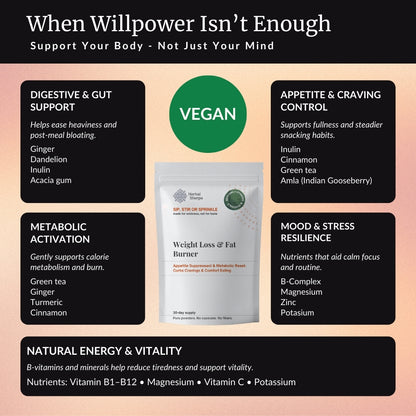 Herbal Sherpa Vegan Weight Loss & Fat Burner — digestive support, appetite control, metabolic activation, mood and stress resilience — key ingredients include ginger, dandelion, inulin, acacia gum, cinnamon, green tea extract, turmeric, amla, B-complex vitamins, magnesium, zinc, potassium — benefits infographic
