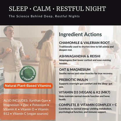 Herbal Sherpa Vegan Deep Sleep & Relaxation — ingredient actions overview showing chamomile & valerian root for faster sleep onset and deeper rest, ashwagandha & reishi for evening cortisol reduction and stress adaptation, oat & magnesium for nervous system calm and muscle relaxation, prebiotic inulin for overnight gut comfort and sleep-gut axis support, plus vitamin B6 for relaxation support — natural sleep aid infographic