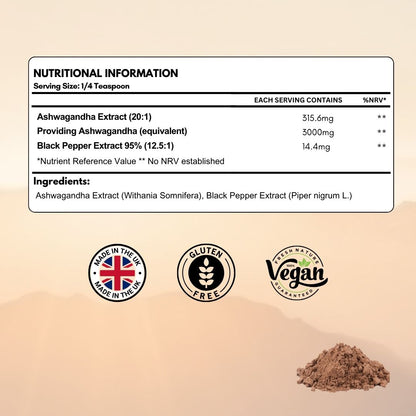 Organic Ashwagandha Extract Powder (High Strength) with Black Pepper for Smoothies and Shakes. UK Made | 3 Month Supply 30g