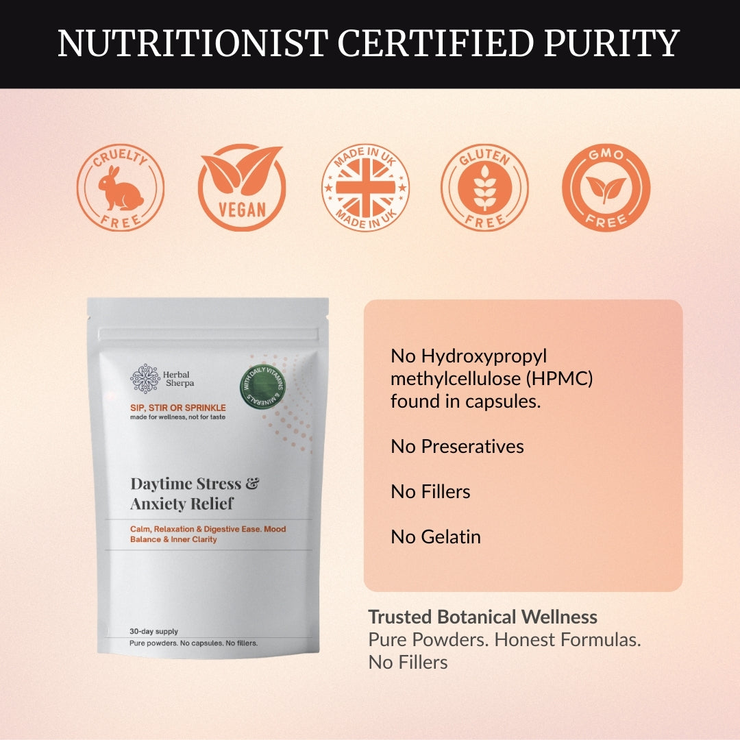 Herbal Sherpa Vegan Daytime Stress & Anxiety Relief— purity and safety highlights: cruelty-free, vegan, gluten-free, GMO-free, no HPMC, no preservatives, no fillers, no gelatin — 60g pure powder pouch