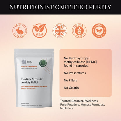 Herbal Sherpa Vegan Daytime Stress & Anxiety Relief— purity and safety highlights: cruelty-free, vegan, gluten-free, GMO-free, no HPMC, no preservatives, no fillers, no gelatin — 60g pure powder pouch