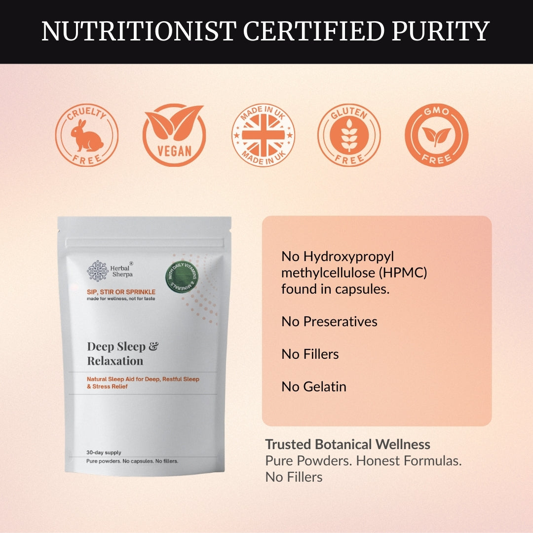 Herbal Sherpa Vegan Deep Sleep & Relaxation— purity and safety highlights: cruelty-free, vegan, gluten-free, GMO-free, no HPMC, no preservatives, no fillers, no gelatin — 60g pure powder pouch