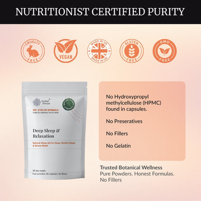 Herbal Sherpa Vegan Deep Sleep & Relaxation— purity and safety highlights: cruelty-free, vegan, gluten-free, GMO-free, no HPMC, no preservatives, no fillers, no gelatin — 60g pure powder pouch