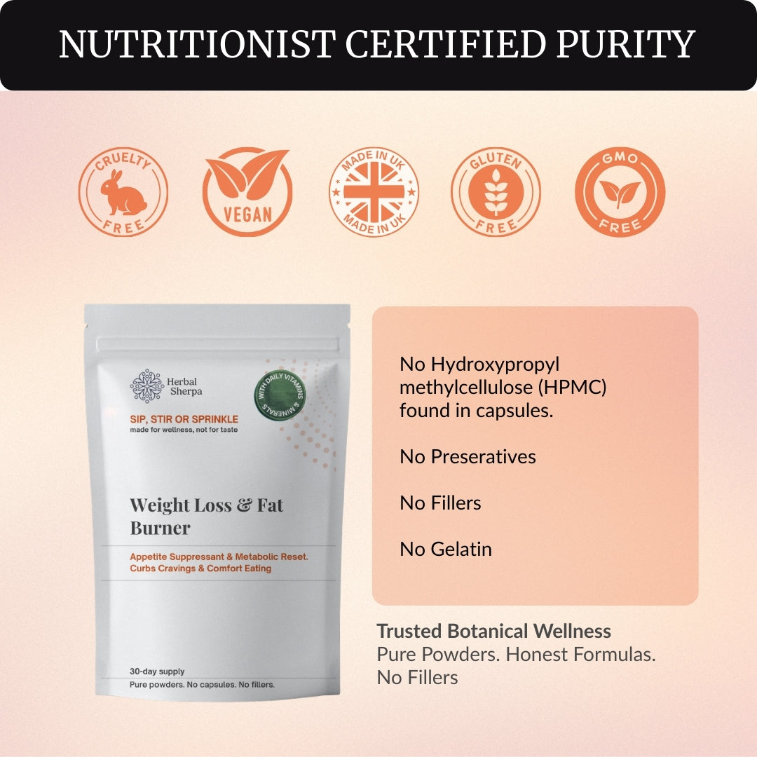 Herbal Sherpa Vegan Weight Loss & Fat Burner — purity and safety highlights: cruelty-free, vegan, gluten-free, GMO-free, no HPMC, no preservatives, no fillers, no gelatin — 60g pure powder pouch