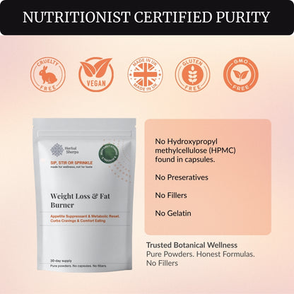 Herbal Sherpa Vegan Weight Loss & Fat Burner — purity and safety highlights: cruelty-free, vegan, gluten-free, GMO-free, no HPMC, no preservatives, no fillers, no gelatin — 60g pure powder pouch