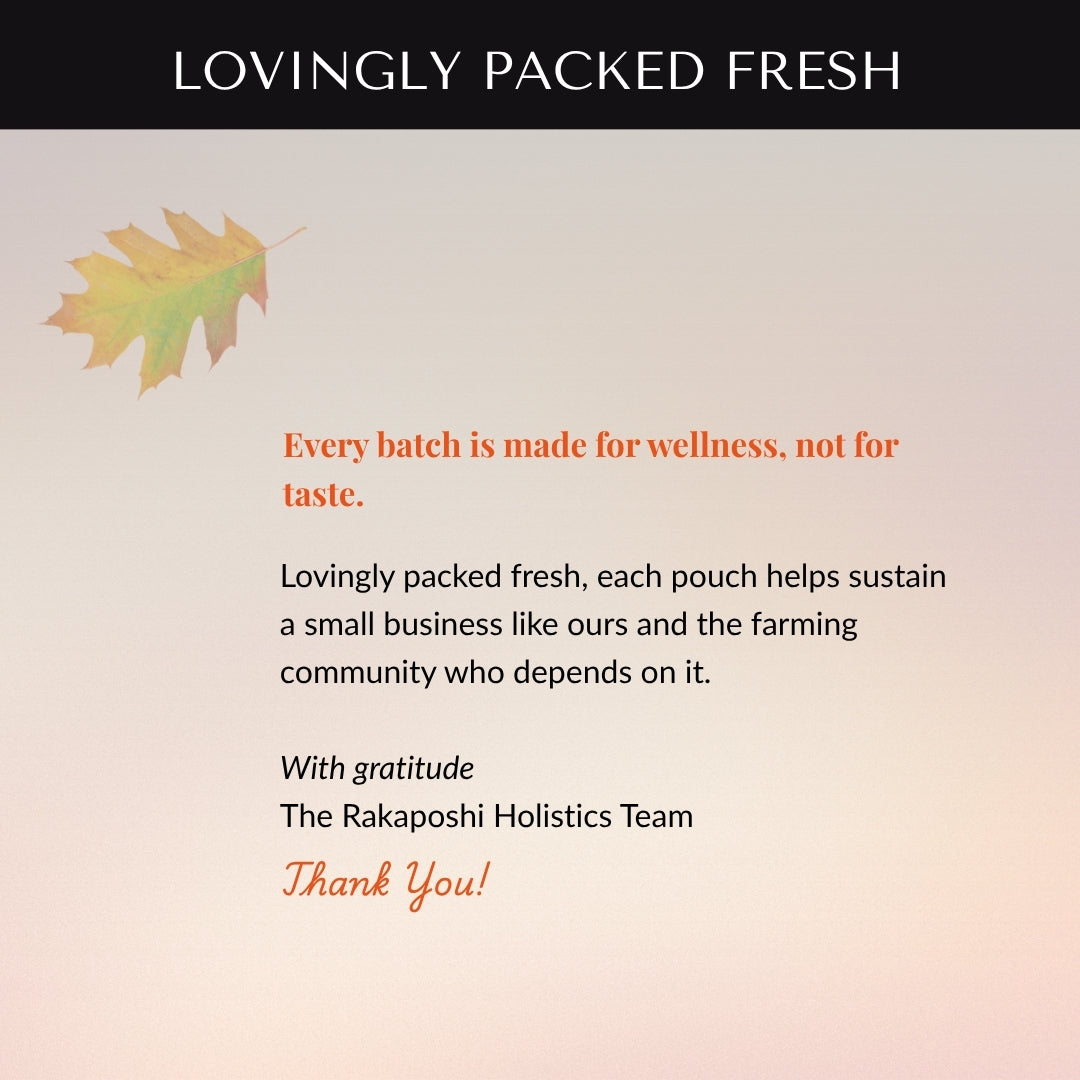 Message card reading ‘Every batch is made for wellness, not for taste,’ with a leaf illustration and gratitude note