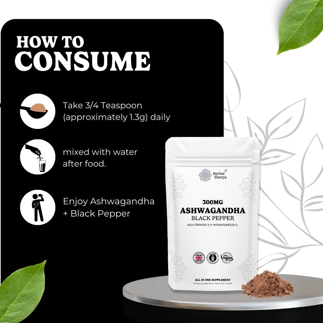 Organic Ashwagandha Extract Powder (High Strength) with Black Pepper for Smoothies and Shakes. UK Made | 3 Month Supply 30g