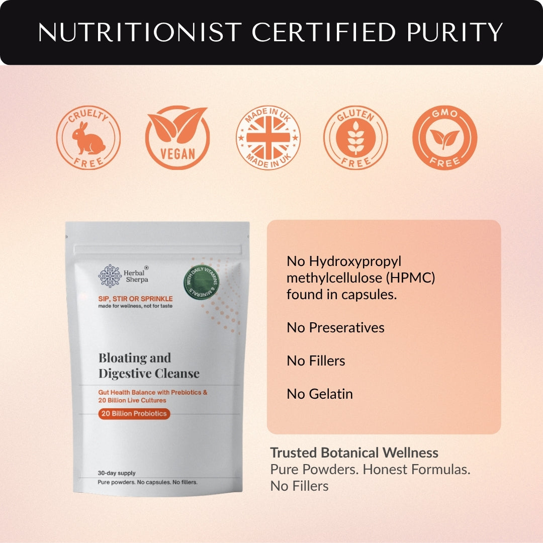 Nutritionist certified purity graphic with vegan, cruelty-free and gluten-free icons beside a powder pouch and a list of filler-free claims
