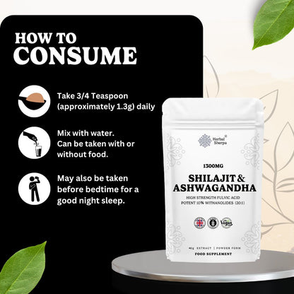 Shilajit + Ashwagandha Gold Standard Powder Extract. Add to Smoothies or Drinks for Energy & Performance. 60% Fulvic Acid , High Strength. 30 Servings.