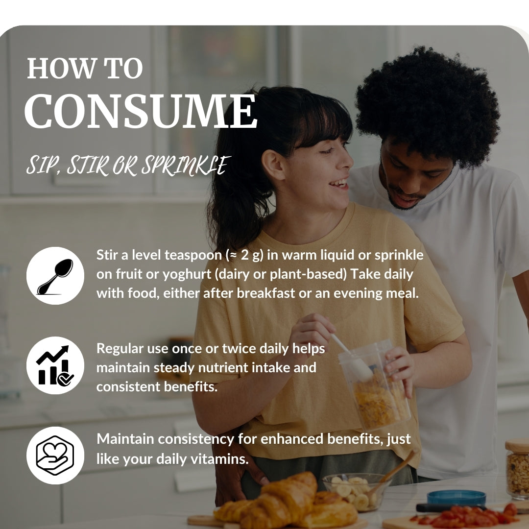 How to consume Herbal Sherpa Vegan Weight Loss & Fat Burner — sip, stir or sprinkle instructions showing 1 teaspoon (~2 g) daily use, warm liquid or yoghurt, steady nutrient intake, and consistency guidance