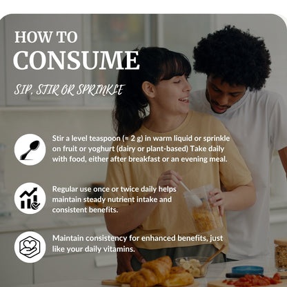 How to consume Herbal Sherpa Vegan Weight Loss & Fat Burner — sip, stir or sprinkle instructions showing 1 teaspoon (~2 g) daily use, warm liquid or yoghurt, steady nutrient intake, and consistency guidance