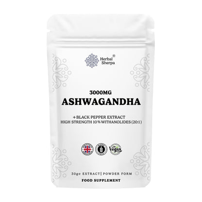 Herbal Sherpa Ashwagandha 3000mg – High Strength Organic Extract with Black Pepper for Stress, Energy & Hormonal Balance