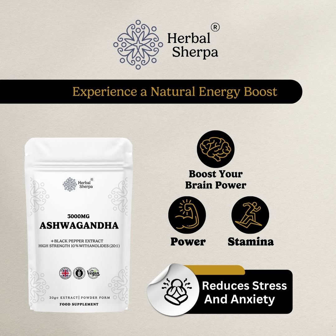 Herbal Sherpa Ashwagandha 3000mg – High Strength Organic Extract with Black Pepper for Stress, Energy & Hormonal Balance