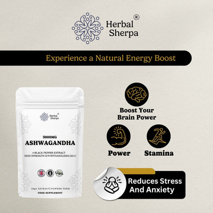 Herbal Sherpa Ashwagandha 3000mg – High Strength Organic Extract with Black Pepper for Stress, Energy & Hormonal Balance