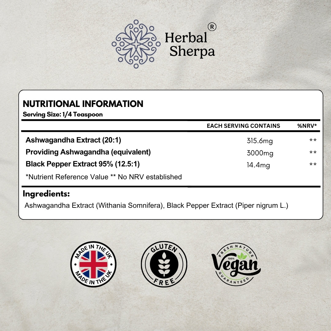 Herbal Sherpa Ashwagandha 3000mg – High Strength Organic Extract with Black Pepper for Stress, Energy & Hormonal Balance