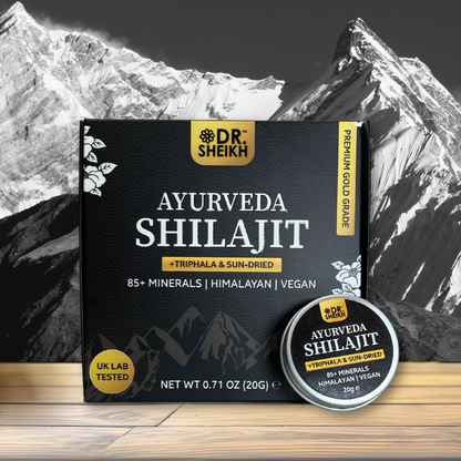 DrSheikh Sun-dried Gold Shilajit & Triphala – Anti-Aging & Radiant Skin, 20g (in two 10g containers).