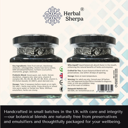Herbal Sherpa Gentle Relief back label showing ingredients, usage instructions and ethical manufacturing details.