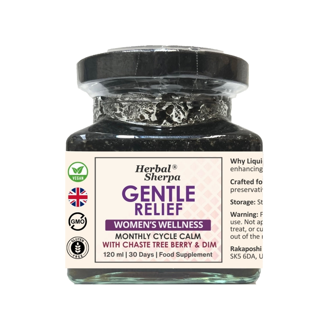 Herbal Sherpa Gentle Relief Women's Wellness supplement bottle on a white background