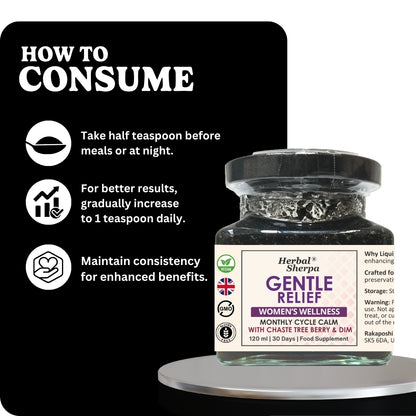 Gentle Relief usage instructions image showing recommended dosage and daily consistency tips.
