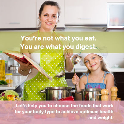 A smiling woman in a green apron and a young girl in a chef hat cooking together in a kitchen, holding a recipe book and utensils, promoting the importance of choosing foods for optimal digestion and health through personalised nutrition counselling