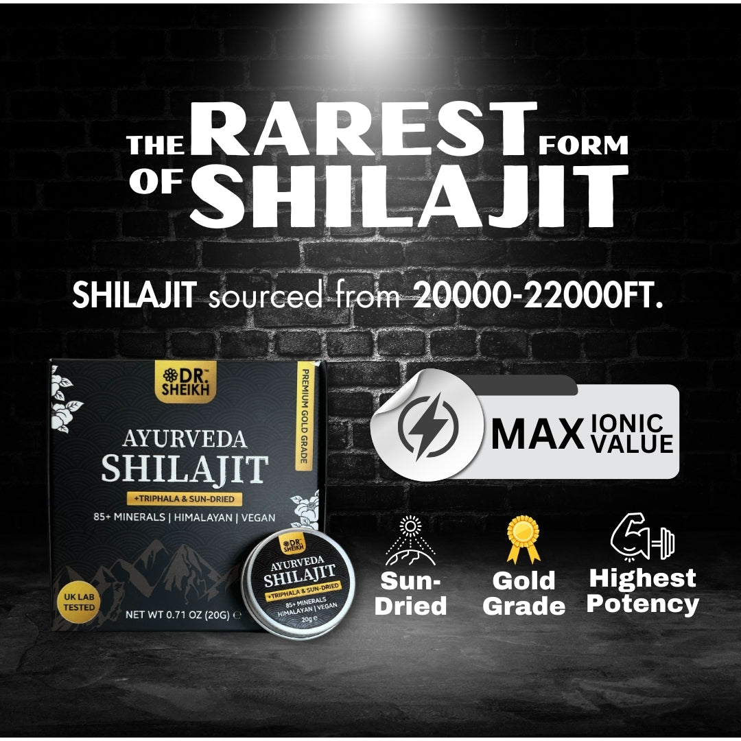 DrSheikh Sun-dried Gold Shilajit & Triphala – Anti-Aging & Radiant Skin, 20g (in two 10g containers).